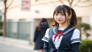 20代日本人女性が制服風の服装で立っている写真、JKリフレを解説するイメージ