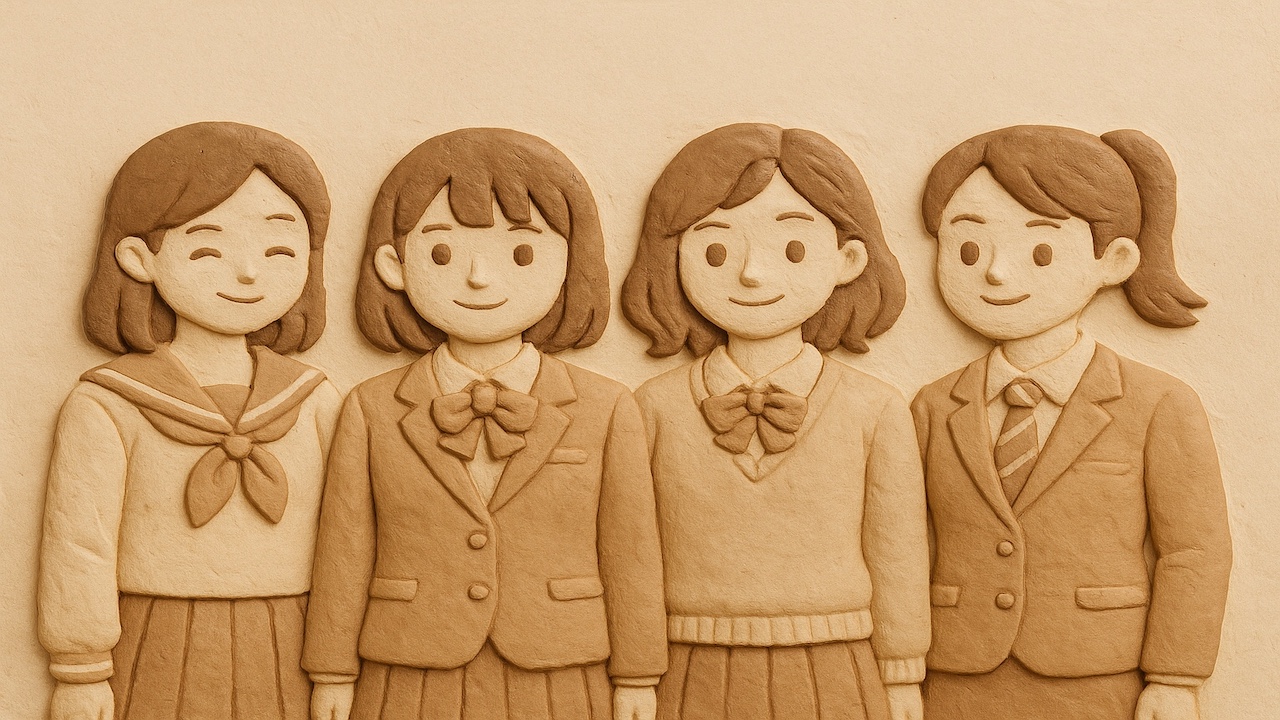 JKリフレに向いている女の子をイメージ 様々な制服を着た若い女性たちが並んでいるシーン