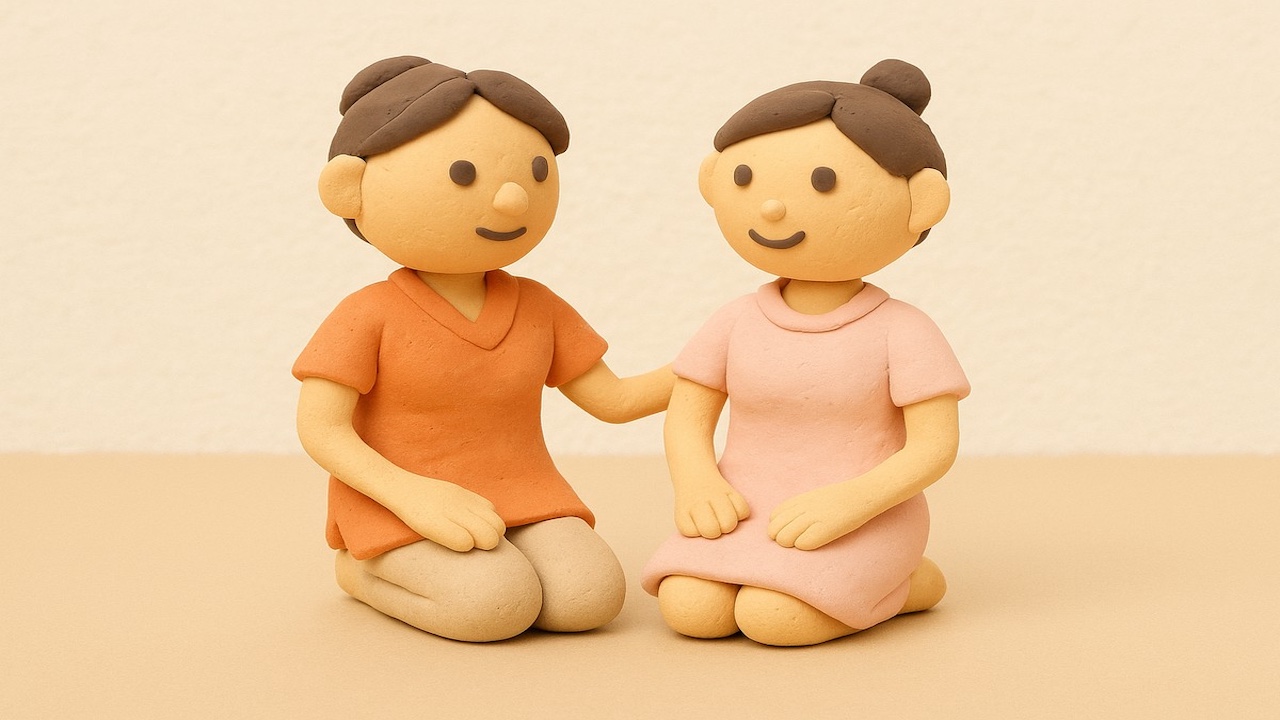 健全エステと風俗エステの違いを表す粘土風イメージ 2人が対比して座るシンプル背景