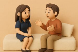 オナクラの基本サービスを表現したイメージ 女性と男性が向かい合って会話しているシーン
