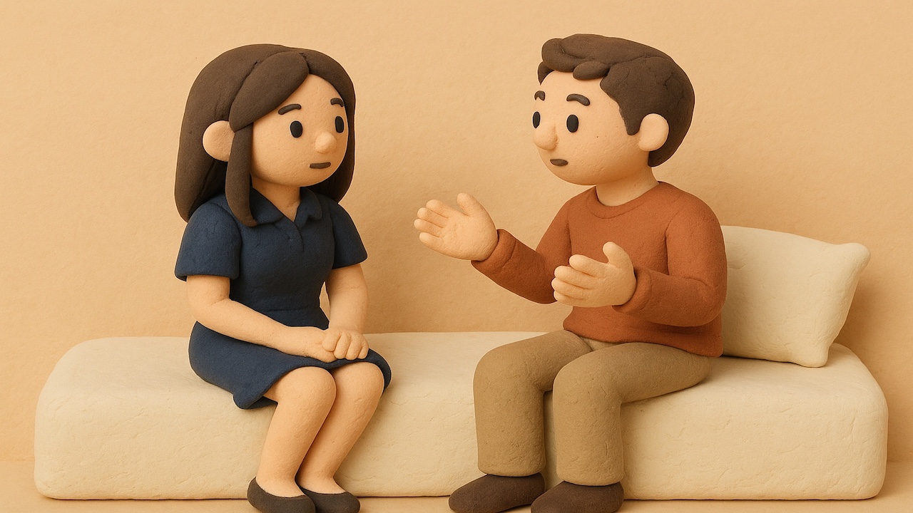 オナクラの基本サービスを表現したイメージ 女性と男性が向かい合って会話しているシーン