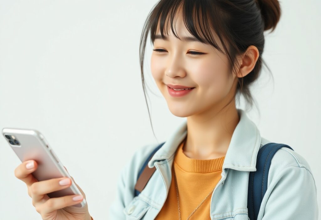 20代日本人女性がスマートフォンを見て安心している写真、オナクラ未経験向けガイドをイメージ