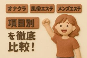 オナクラ 風俗エステ メンズエステを比較するイメージ 3人の女性キャラクターが並び それぞれ異なる雰囲気を表現したイラスト
