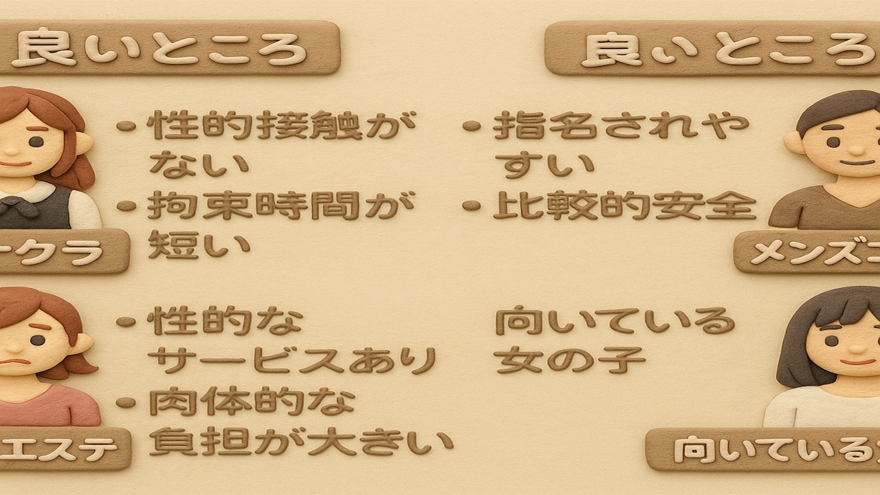 オナクラ 風俗エステ メンズエステの良いところと悪いところ 向いている女の子の特徴を表現したイメージ 3人の女性キャラクターが並び それぞれ異なる雰囲気を持っている