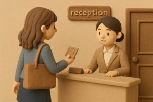 オナクラの体験入店で必要なものを表現したイメージ 女性がバッグから身分証やノートを取り出しているシーン
