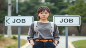 20代日本人女性が分かれ道で迷っている写真、オナクラとピンサロの違いを示すイメージ