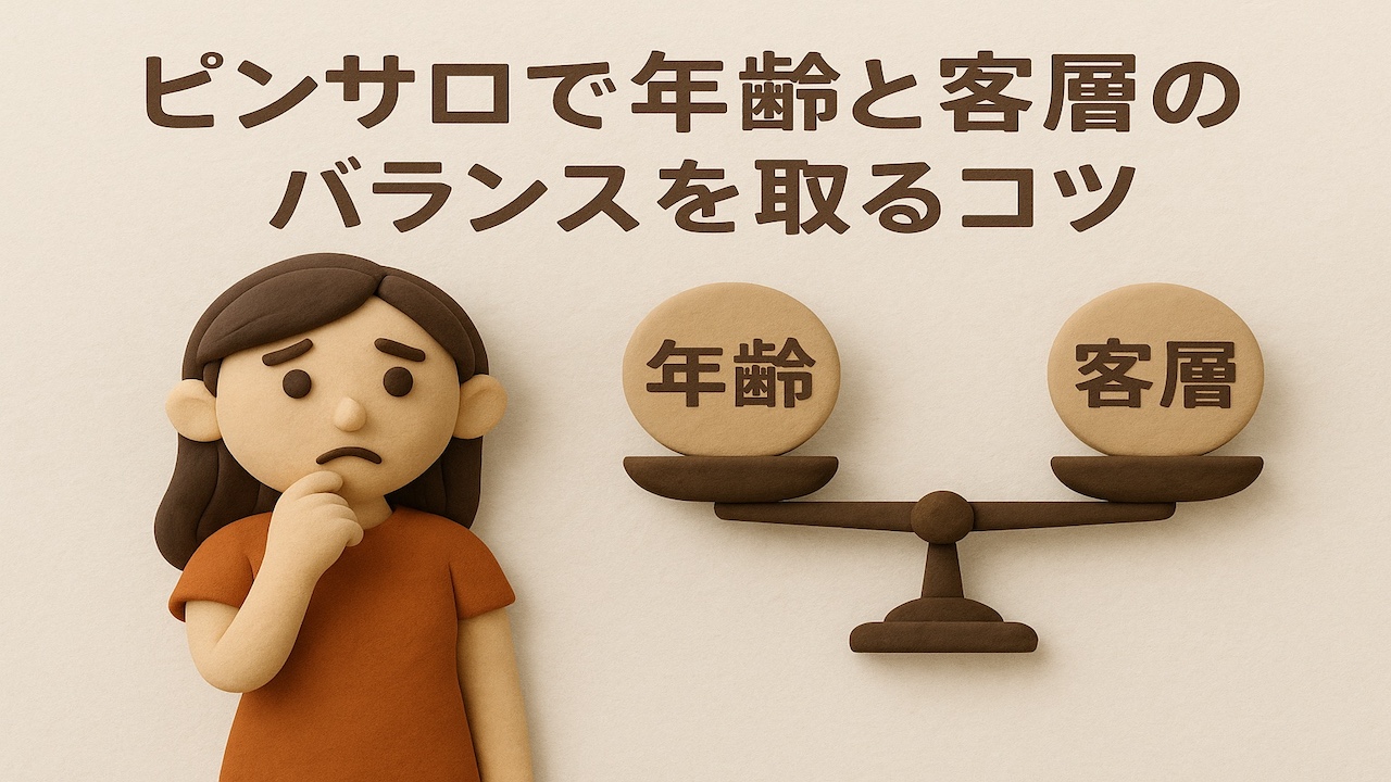 ピンサロで年齢と客層のバランスを取るコツを表現した天秤の上に年齢と客層の文字があり女性が考えているClay風イラスト