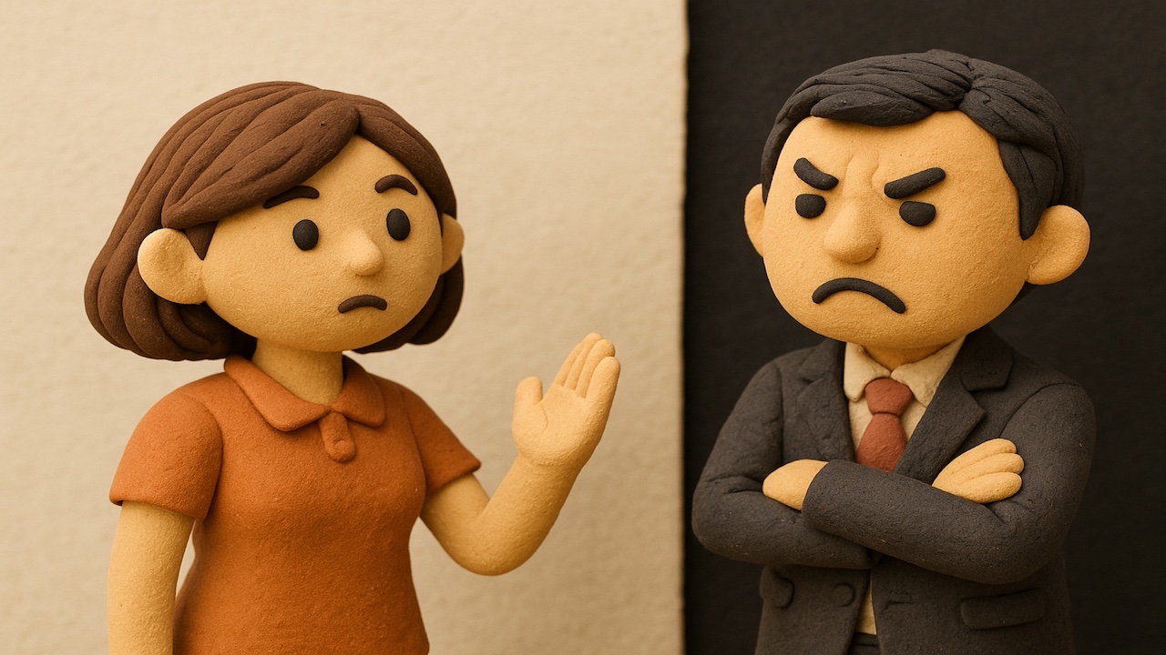 嫌なお客様にあたったときの対処を表現したイメージ 女性スタッフが冷静に対応し 不機嫌な男性客がいるシーン