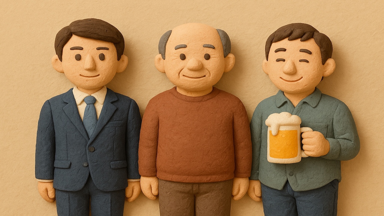 ピンサロに訪れる主な客層を表現したイメージ スーツ姿の会社員男性 中年男性 カジュアルな若い男性が並んでいるシーン