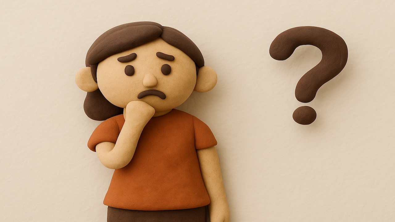 女性が疑問マークの横で考えているClay風イラスト