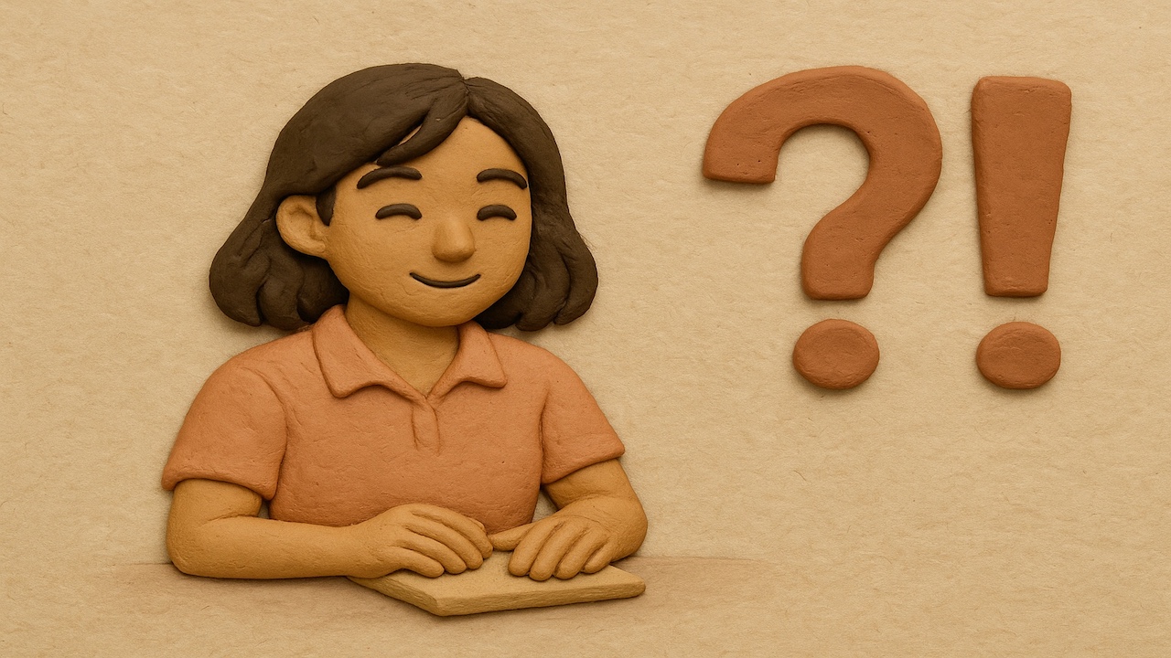 ピンサロに関してよくある質問に答えるイメージ 女性が笑顔で手を挙げ クエスチョンマークとエクスクラメーションマークが並ぶシーン