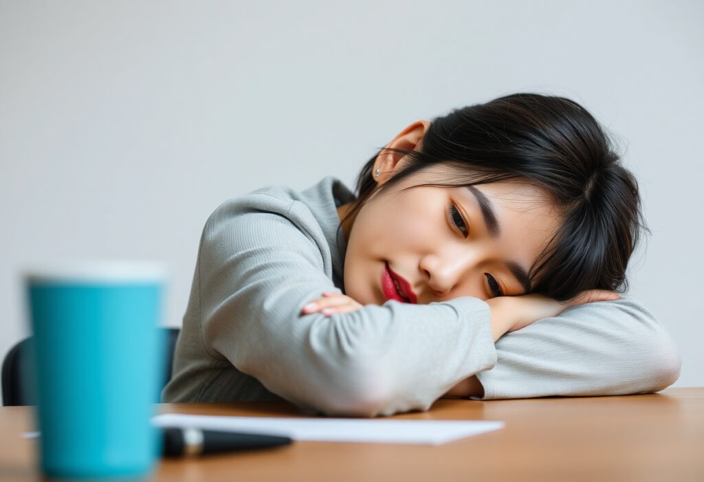 20代日本人女性が机に頭を乗せて考え込んでいる写真、ピンサロのきつさを表現したイメージ
