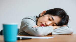 20代日本人女性が机に頭を乗せて考え込んでいる写真、ピンサロのきつさを表現したイメージ