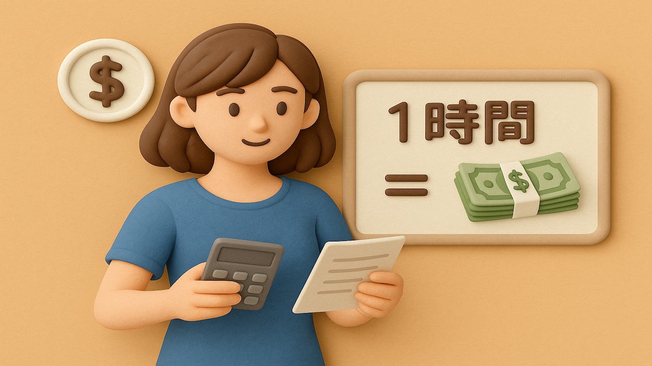 ピンサロの1時間あたりの収入を計算している女性のClay風イラスト