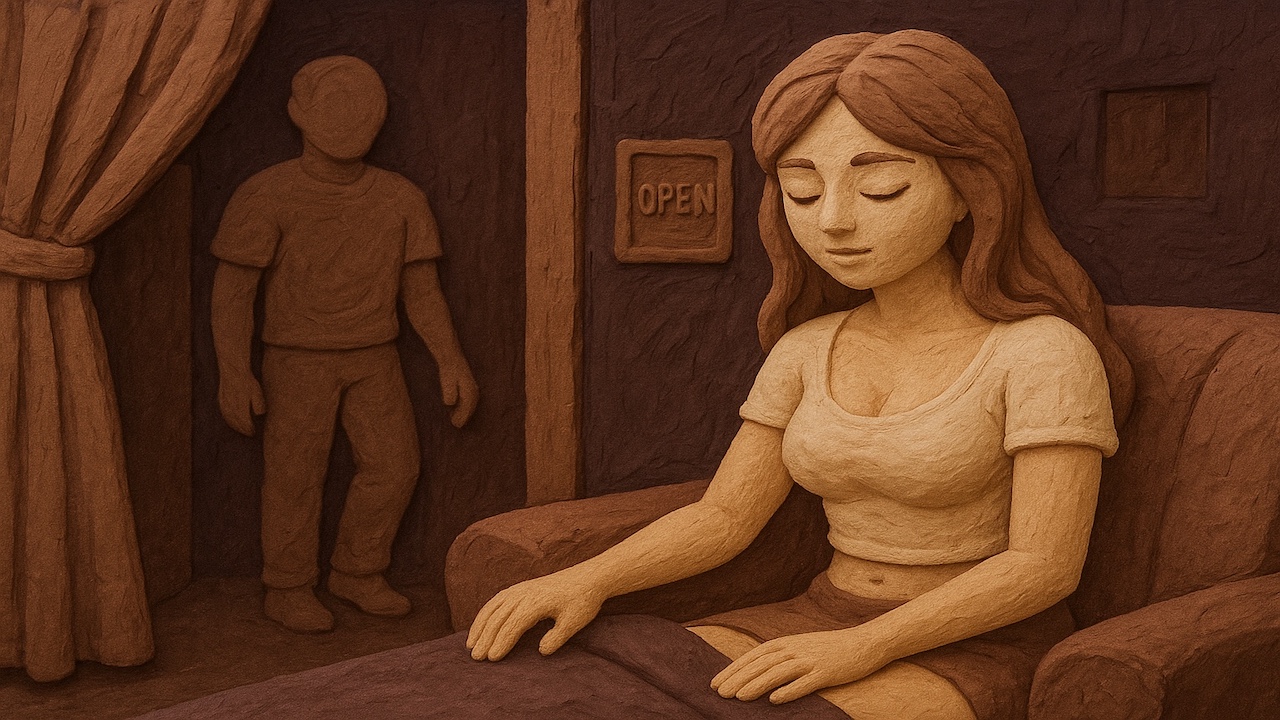 ピンサロの仕事内容を表現したイメージ 店内で女性が接客している様子を暗めの雰囲気で描いたイラスト