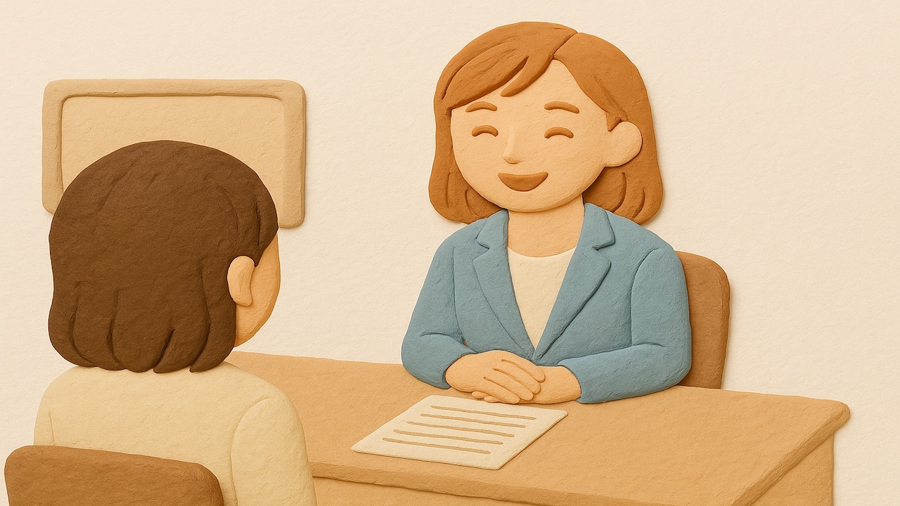 ピンサロ求人の面接をイメージしたイラスト 女性が面接官と向かい合って椅子に座っているシーン