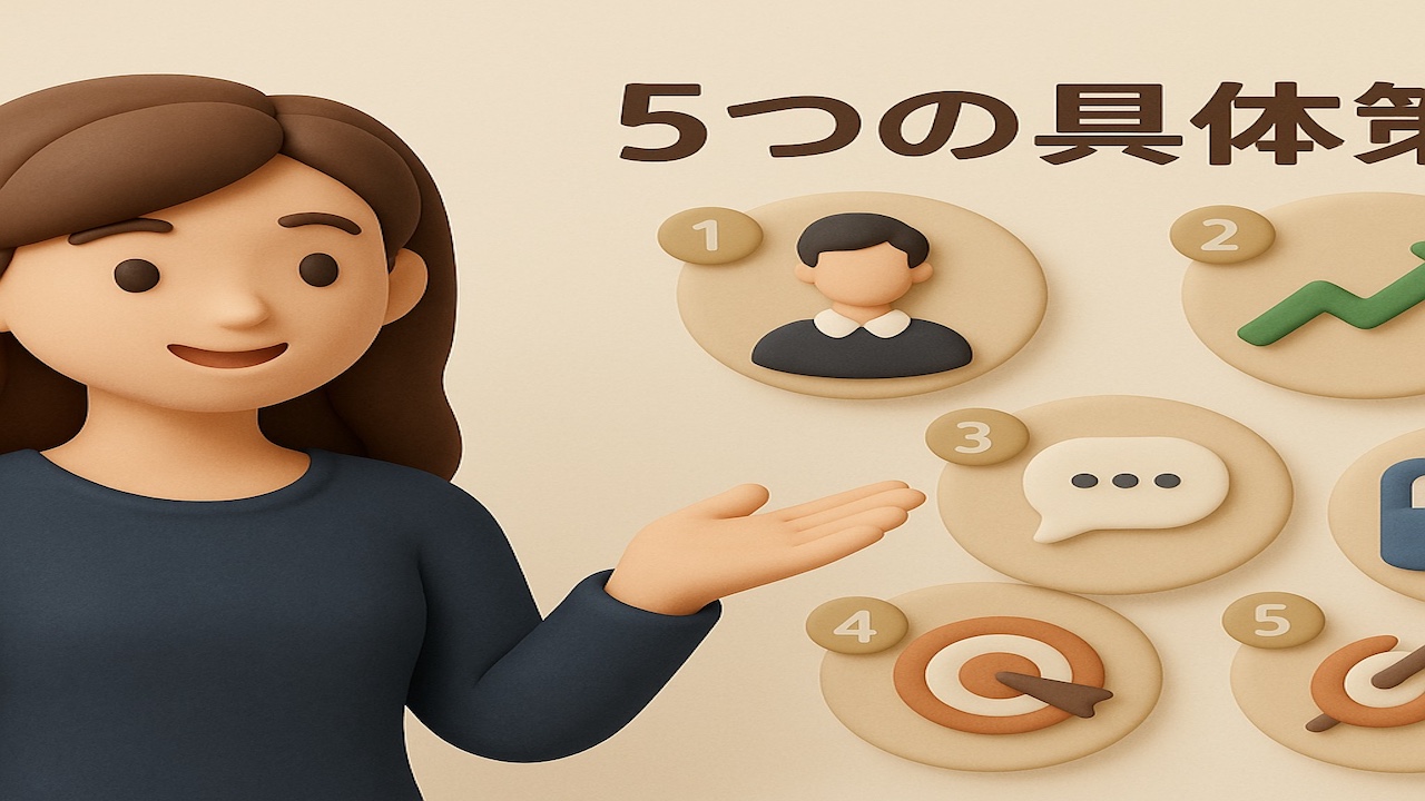 ピンサロの給料を上げる5つの具体策を示す女性と5つのアイコンのClay風イラスト