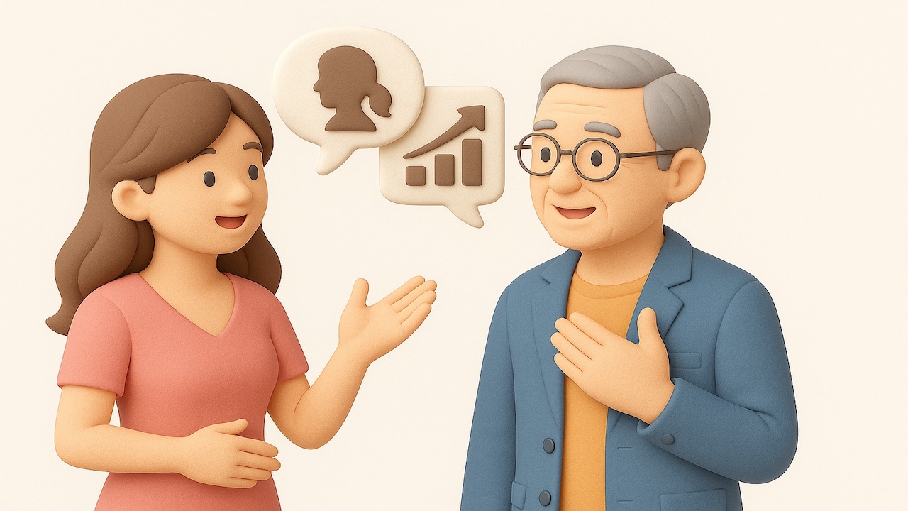 ピンサロの年齢層と接客のコツをイメージしたClay風イラスト。若い女性と年上の男性が会話を楽しむ様子を柔らかい質感で表現