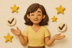 ピンサロ勤務をきついと感じない方法を表現したイメージ 女性が笑顔でリラックスし 周囲に星やチェックマークが描かれているシーン