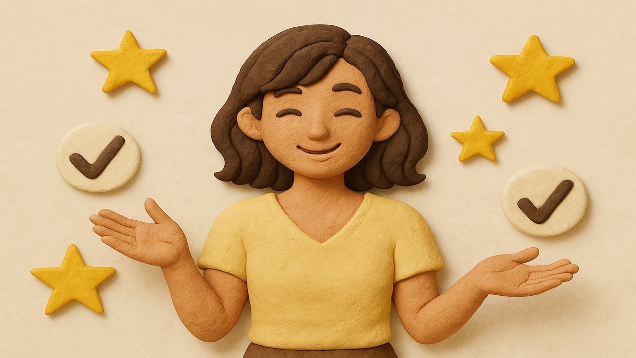 ピンサロ勤務をきついと感じない方法を表現したイメージ 女性が笑顔でリラックスし 周囲に星やチェックマークが描かれているシーン