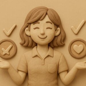 ピンサロをきついと感じない人の特徴を表現したイメージ 女性が笑顔で周囲にチェックマークやハートが描かれているシーン
