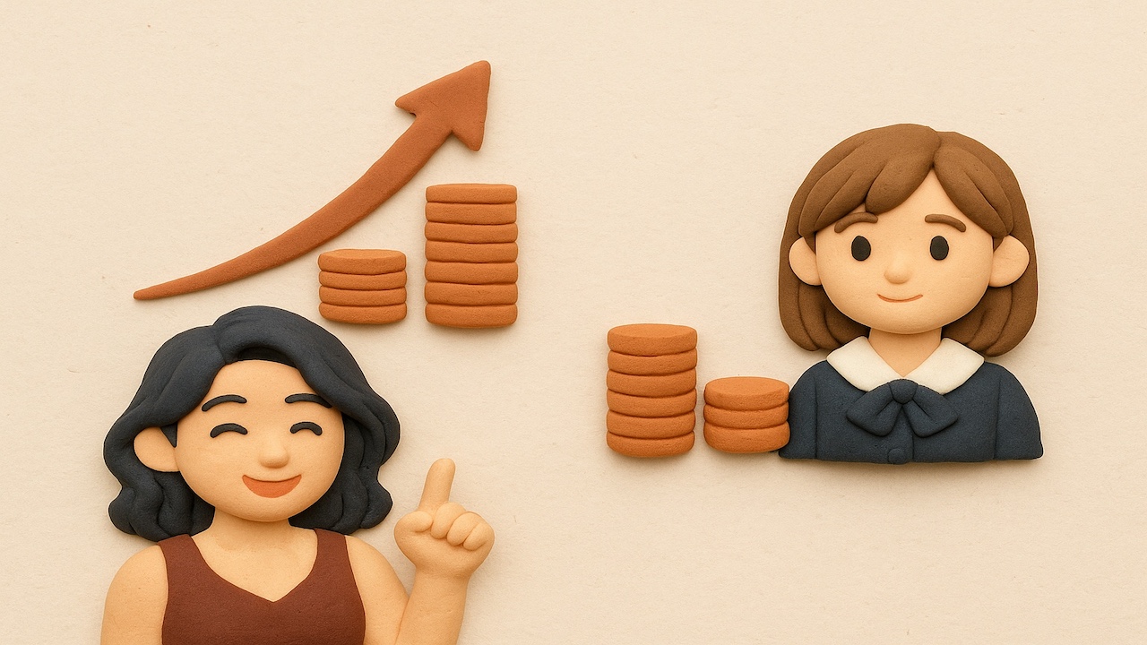 ピンサロとオナクラの給料の違いを表現したイメージ 左は高収入を示す女性と多めのコイン 右は控えめで安定感を示す女性と少なめのコイン