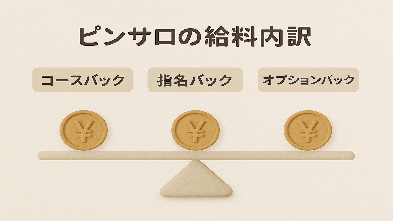 ピンサロの給料内訳を表現したイメージしたコースバック・指名バック・オプションバックのClay風イラスト