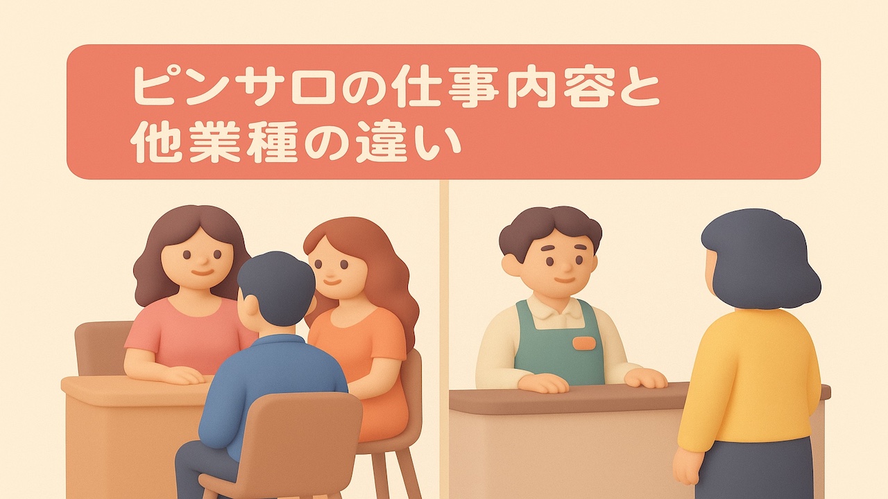 ピンサロの仕事内容と他業種の違いを対比したClay風イラスト。二つの職種の違いを表現