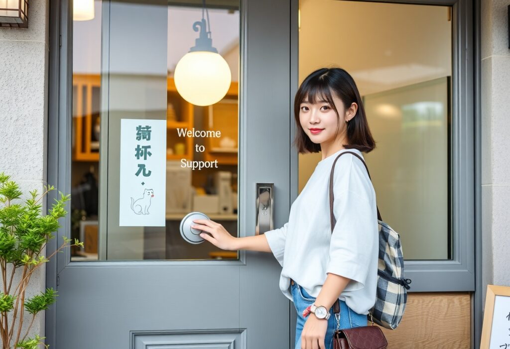 20代日本人女性がピンクの扉をノックしている写真、ピンサロ体験入店をイメージ