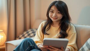 20代日本人女性がノートを手に考えている写真、添い寝リフレのアルバイトをイメージ