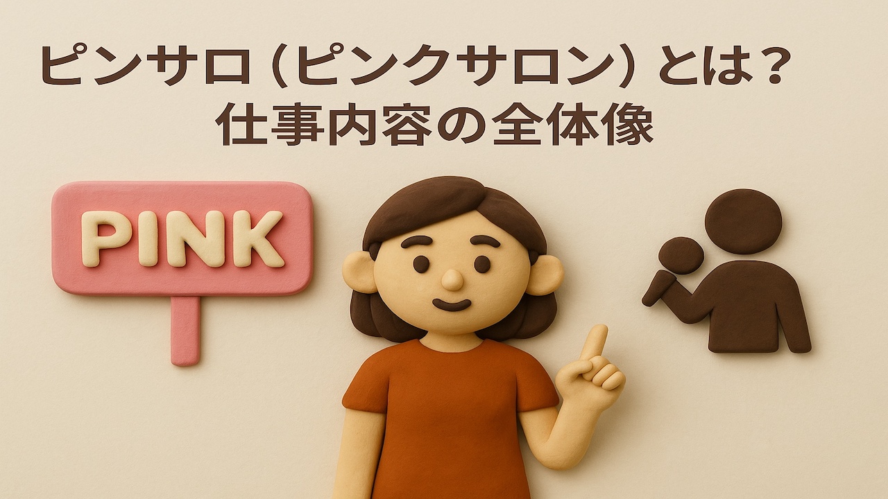 ピンサロ(ピンクサロン)とは何かを表現した女性が指をさして説明しているClay風イラスト